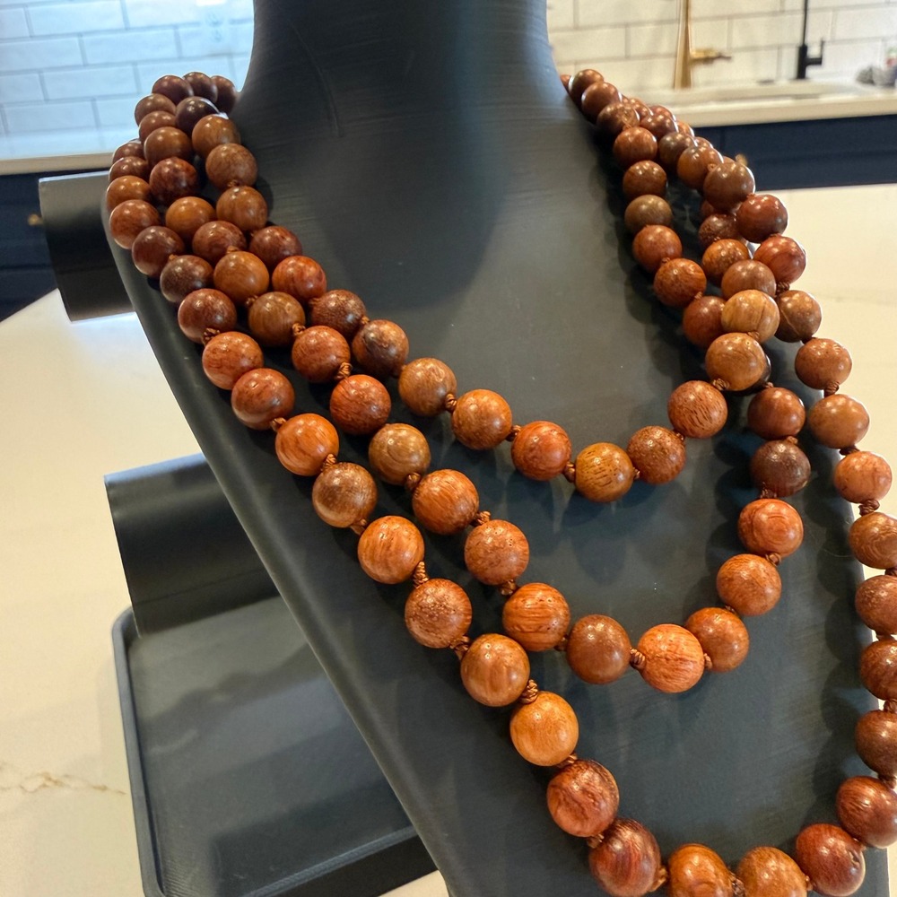 Boho Organic Long Wood Bead Necklace 28" Knotted Brown Earthy Statement